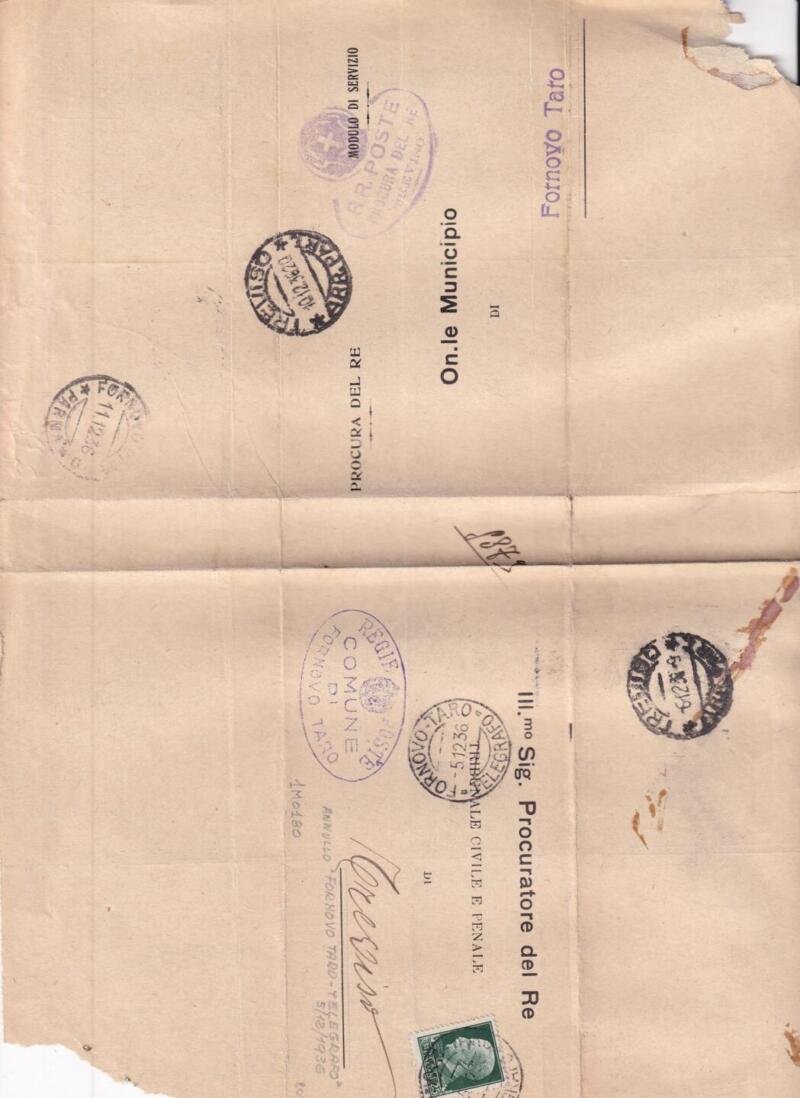Storia postale  Circolare dal Municipio di Fornovo Taro alla Procura del Re presso il Tribunale Civile e Penale di Treviso 05/12/1936 Rispedita al Municipio di Fornovo Taro il 10/12/1936 e arrivata 11/12/1936