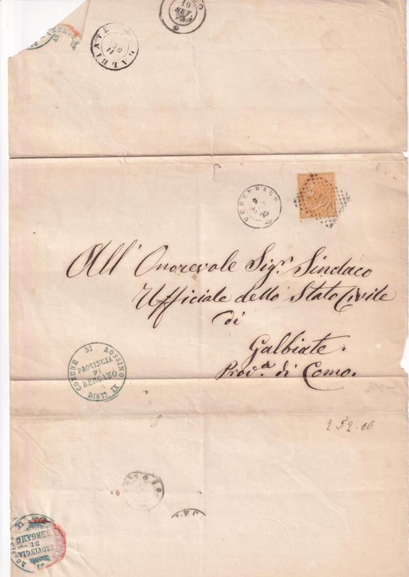 Storia postale  Circolare da Comune di Rossino (Bergamo) Annullo Vercurago 09/09/1875 al Sindaco Ufficiale dello Stato Civile di Galbiate (Como)