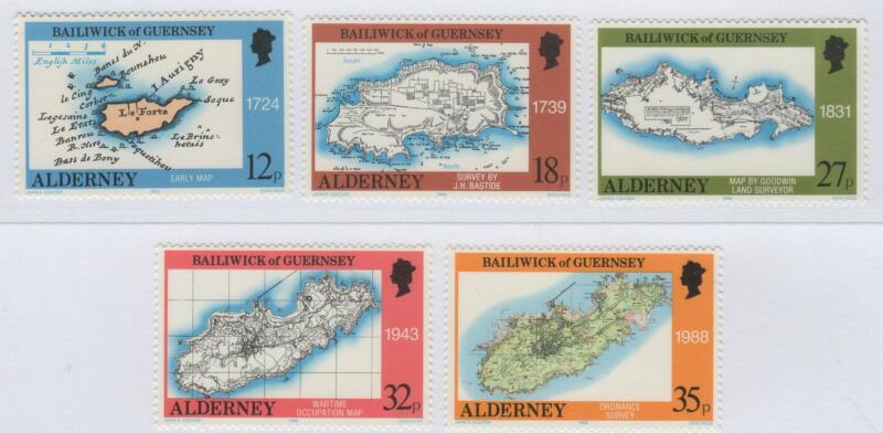 Francobolli Alderney Anno 1989 Carte geografiche dell’isola attraverso i secoli