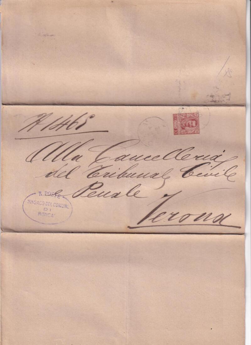 Storia postale Circolare da Municipio Roncà (Timbro: R. Poste Sindaco del Comune di Roncà) 06/09/1902 alla Cancelleria del Tribunale Civile e Penale di Verona