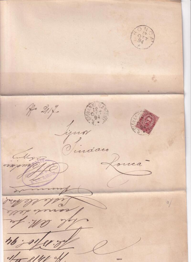 Storia postale Circolare da Municipio San Giovanni Ilarione 12/10/1894 a Municipio di Roncà (Timbro: R. Poste Sindaco del Comune di Roncà)