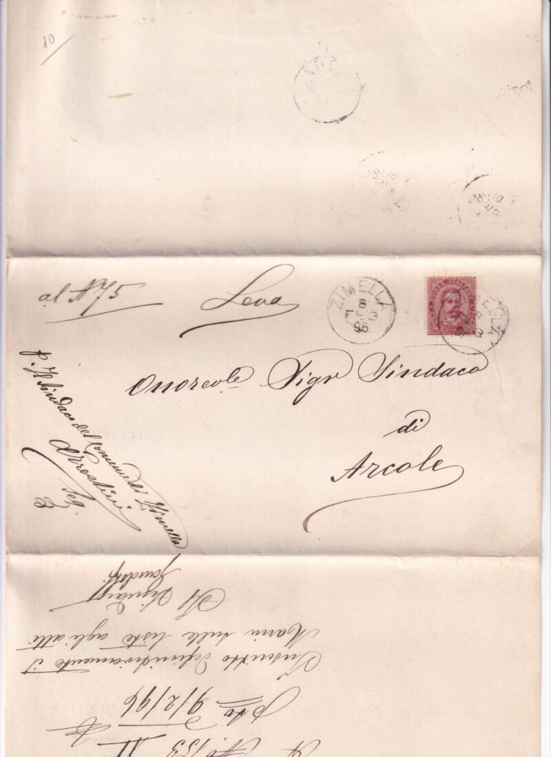 Storia postale Circolare da Municipio di Zimella 4-7 febbraio 1896 all’Onorevole Sign. Sindaco di Arcole