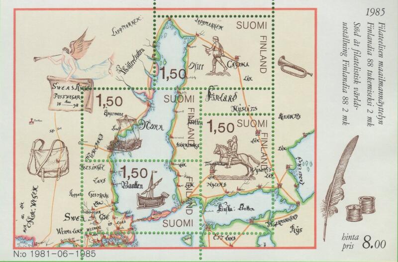 Foglietto Finlandia Anno 1985 Finlandia 88 Esposizione filatelica internazionale a Helsinki Mezzi di trasporto del corriere