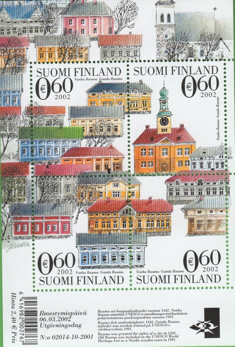 Foglietto Finlandia Anno 2002 UNESCO Patrimonio culturale e naturale Alt-Rauma