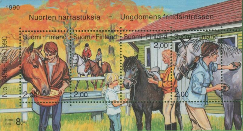 Foglietto Finlandia Anno 1990 Passatempi dei giovani Prima serie Equitazione