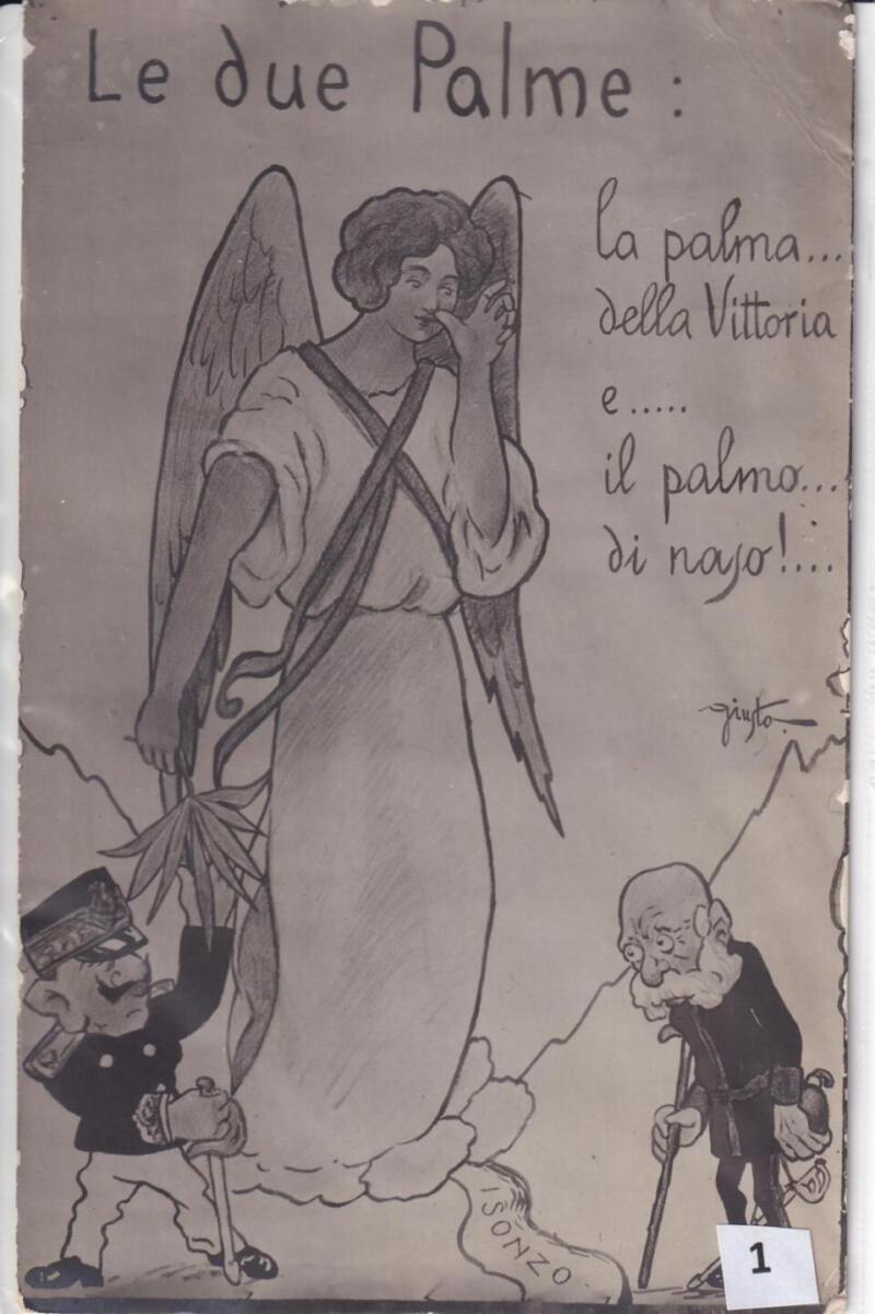 Cartolina satirica d'epoca LE DUE PALME: LA PALMA DELLA VITTORIA... E... IL PALMO... DI NASO!...