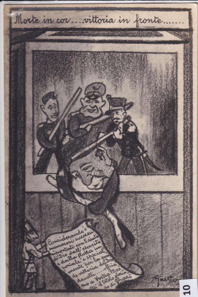 Cartolina satirica d'epoca MORTE IN COR... VITTORIA IN FRONTE...
