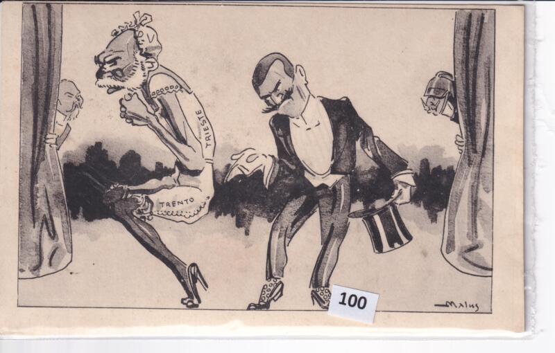Cartolina satirica d'epoca TRENTO E TRIESTE