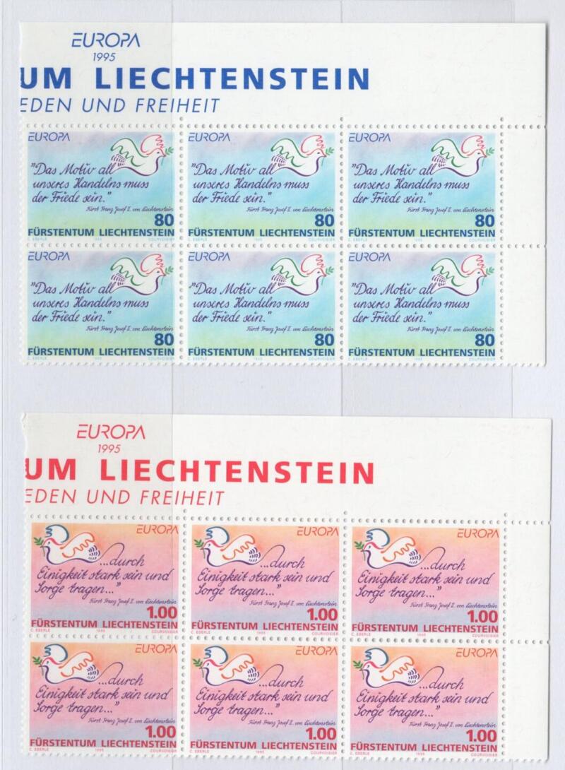 Francobolli Liechtenstein Anno 1995 Europa Pace e libertà SESTINA D'ANGOLO