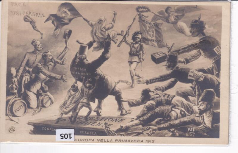 Cartolina satirica d'epoca L'EUROPA NELLA PRIMAVERA 1912