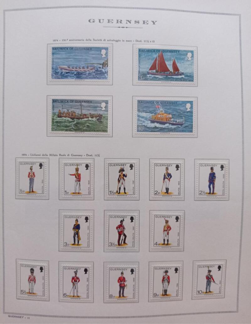 Francobolli Guernsey Anno 1974 Annata completa montata su Fogli Marini King usati  (i fogli sono in omaggio)
