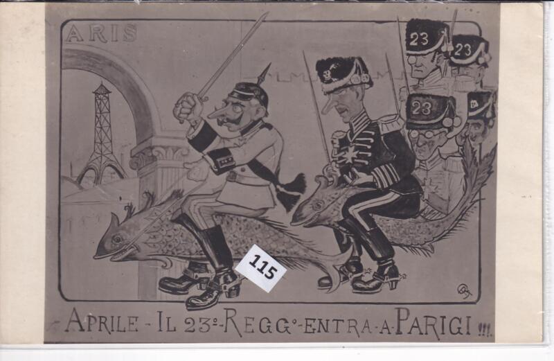 Cartolina satirica d'epoca APRILE IL 23° REGGIMENTO ENTRA A PARIGI