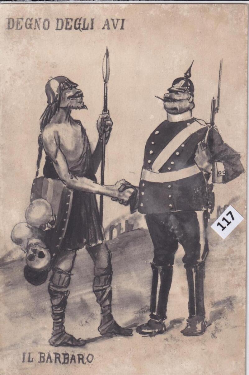 Cartolina satirica d'epoca DEGNO DEGLI AVI IL BARBARO