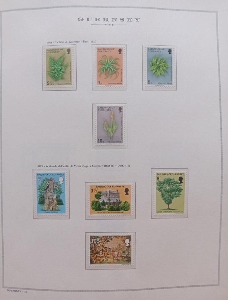 Francobolli Guernsey Anno 1975 Annata completa montata su Fogli Marini King usati  (i fogli sono in omaggio)