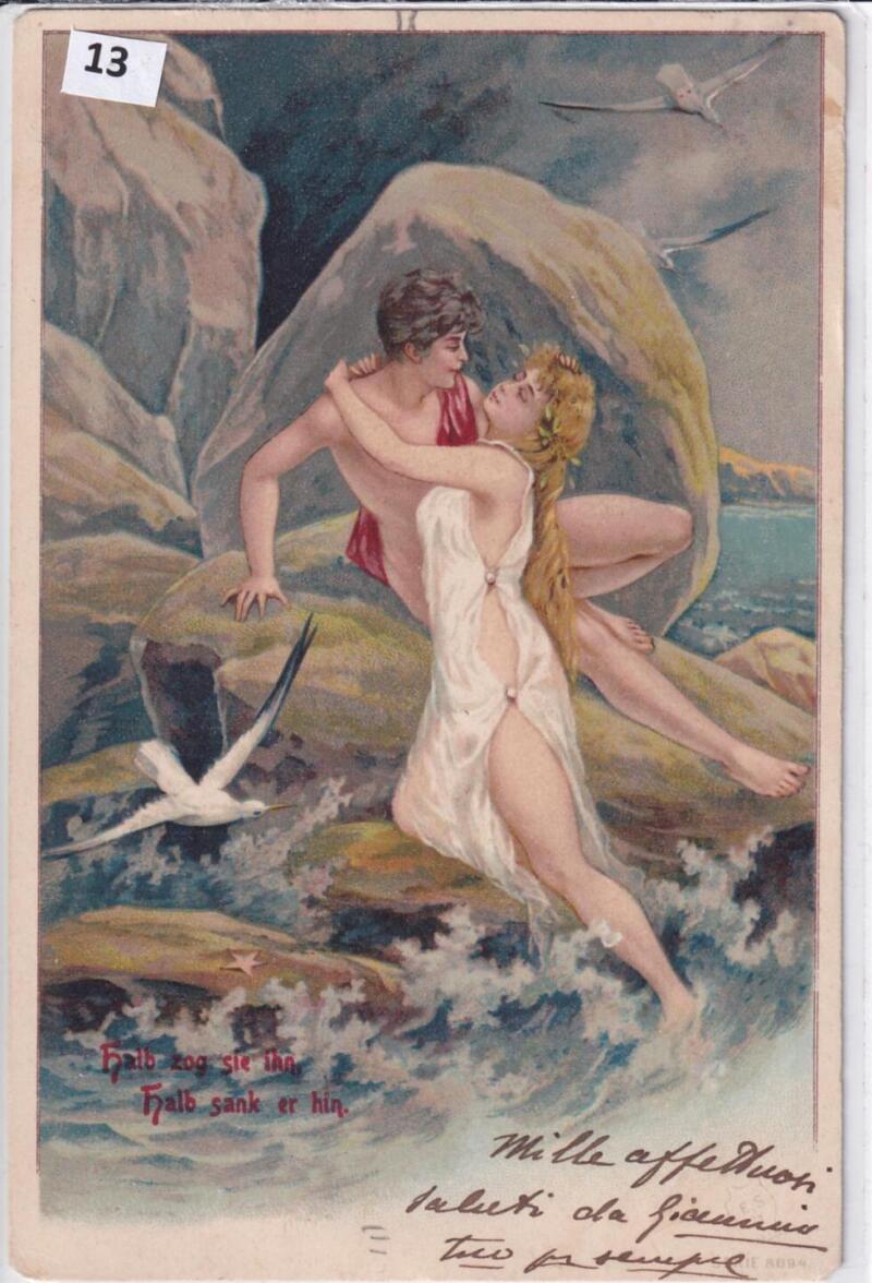 Cartolina d’epoca Ritratti halb zog sie ihn halb sank er hin