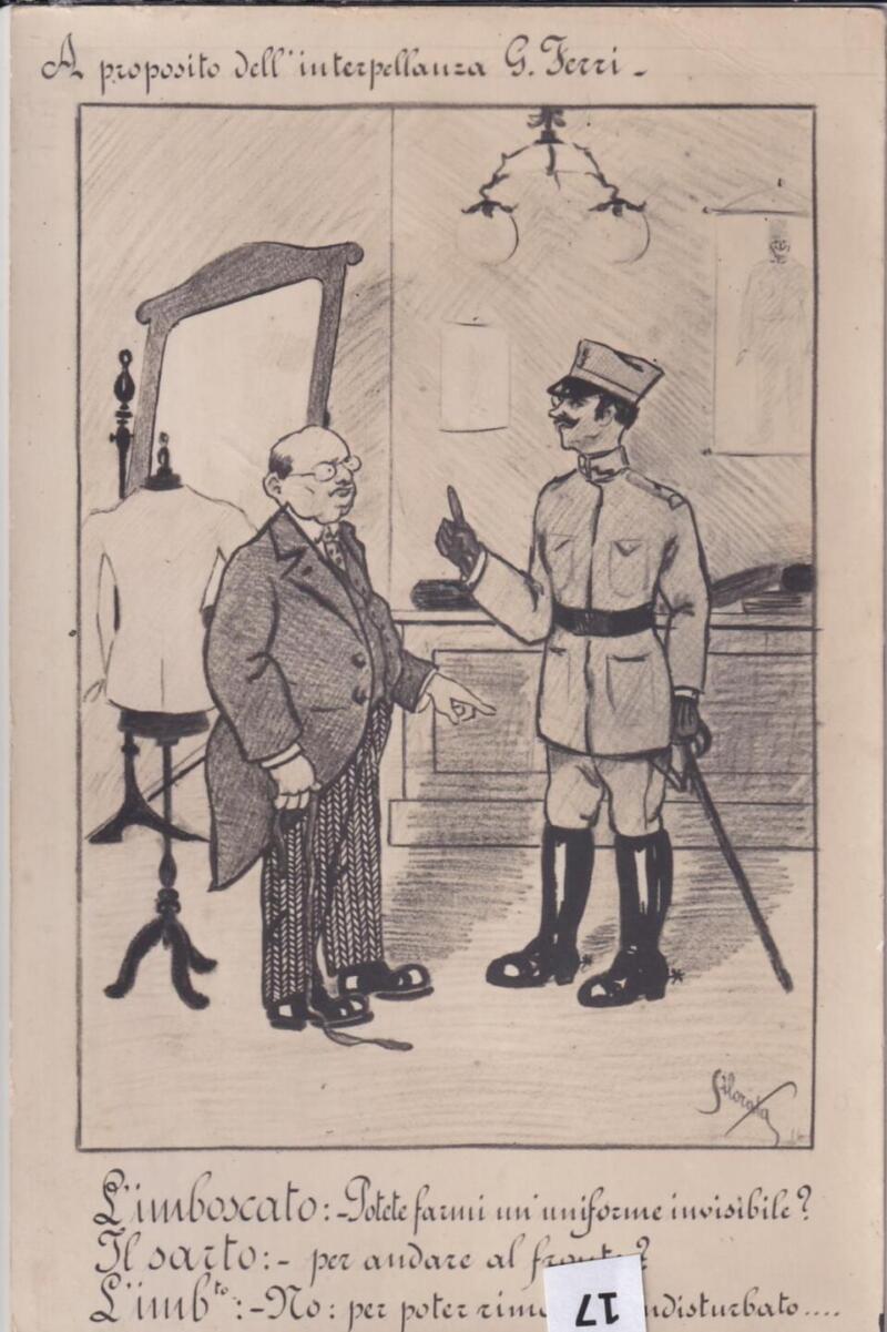 Cartolina satirica d'epoca A PROPOSITO DELL'INTERPELLANZA G. FERRI