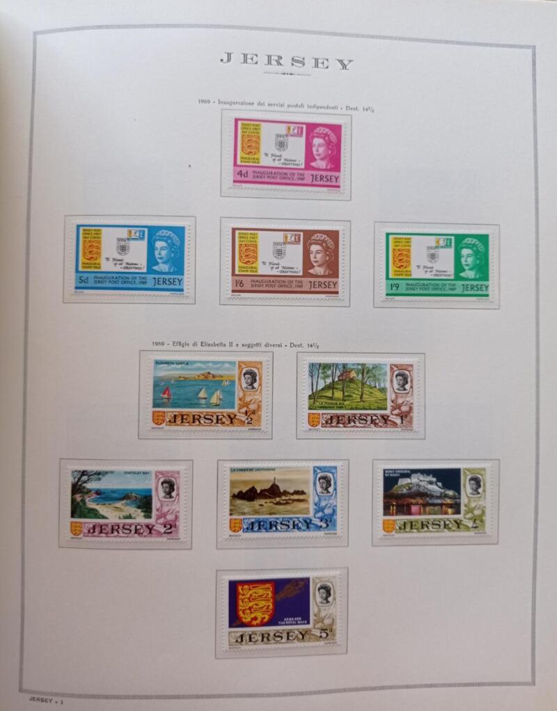 Francobolli Jersey Anno 1969 Annata completa montata su Fogli Marini King usati (i fogli sono in omaggio)