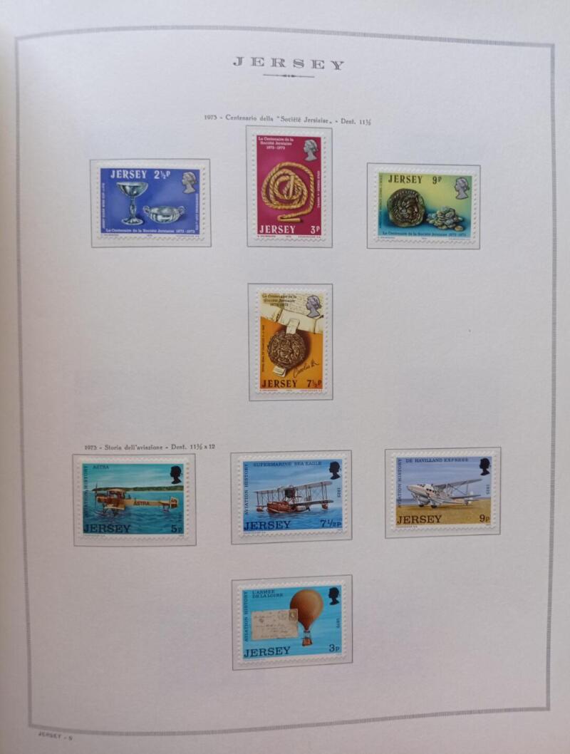 Francobolli Jersey Anno 1973 Annata completa montata su Fogli Marini King usati (i fogli sono in omaggio)