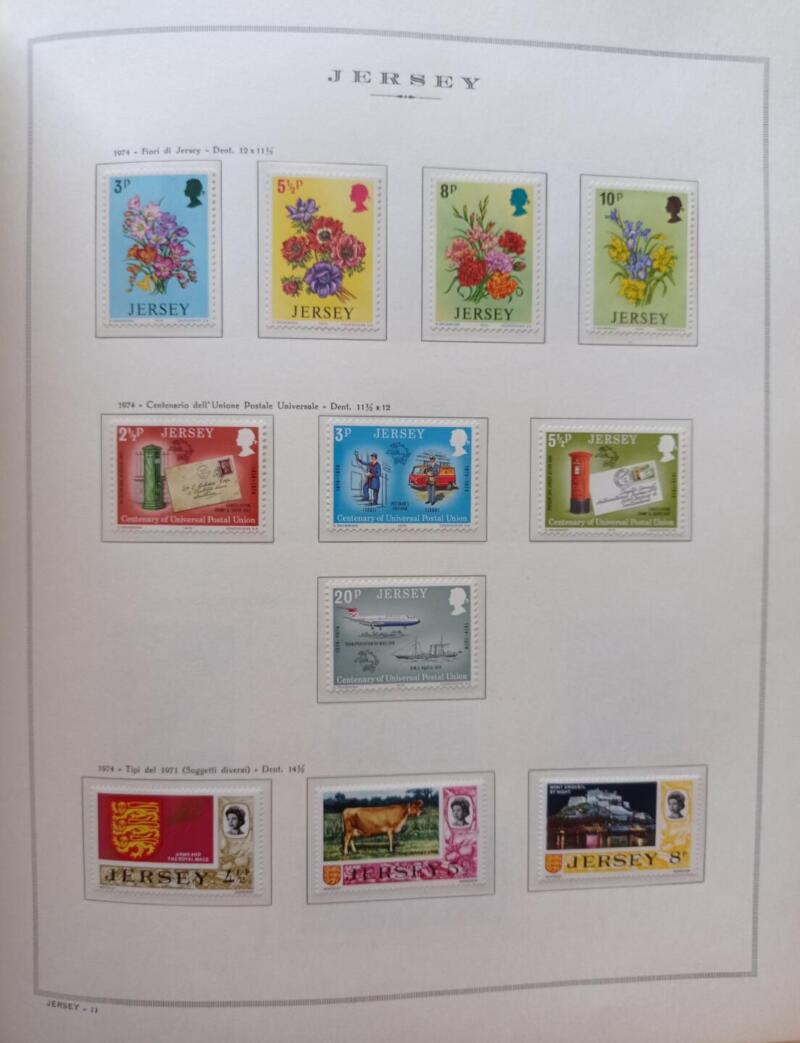 Francobolli Jersey Anno 1974 Annata completa montata su Fogli Marini King usati (i fogli sono in omaggio)