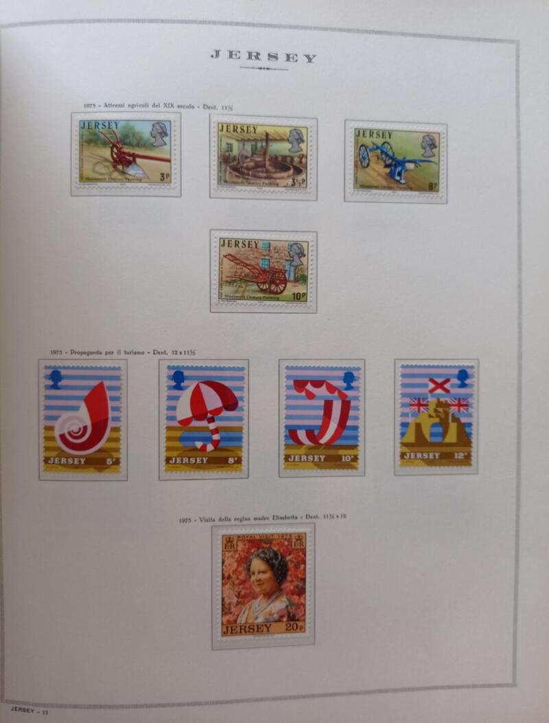 Francobolli Jersey Anno 1975 Annata completa montata su Fogli Marini King usati (i fogli sono in omaggio)