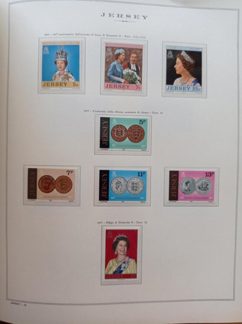 Francobolli Jersey Anno 1977 Annata completa montata su Fogli Marini King usati (i fogli sono in omaggio)