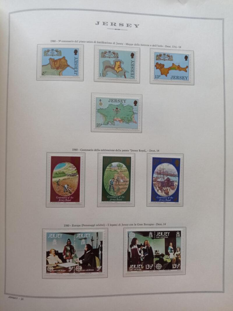 Francobolli Jersey Anno 1980 Annata completa montata su Fogli Marini King usati (i fogli sono in omaggio)