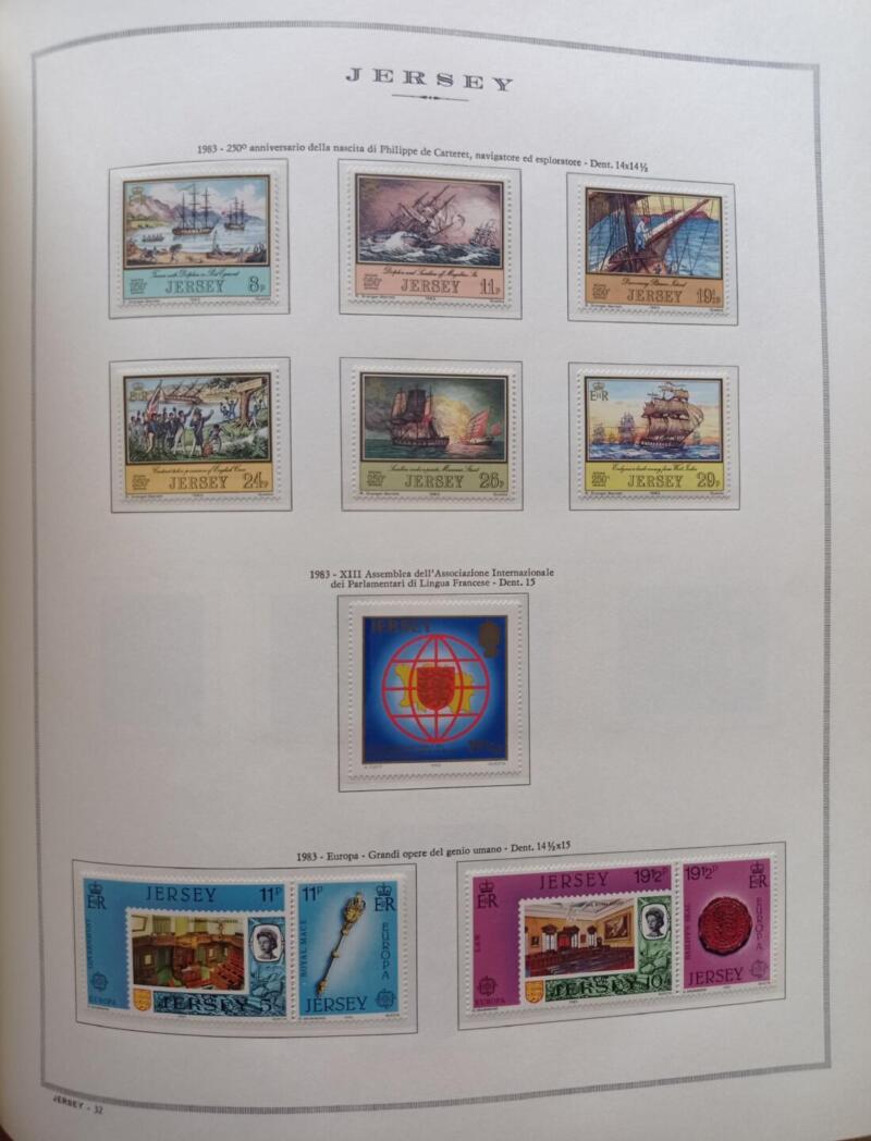 Francobolli Jersey Anno 1983 Annata completa montata su Fogli Marini King usati (i fogli sono in omaggio)
