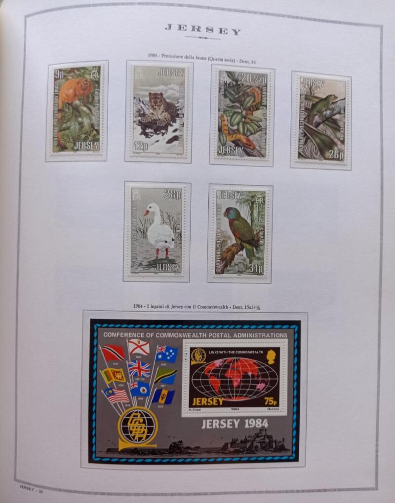 Francobolli Jersey Anno 1984 Annata completa montata su Fogli Marini King usati (i fogli sono in omaggio)