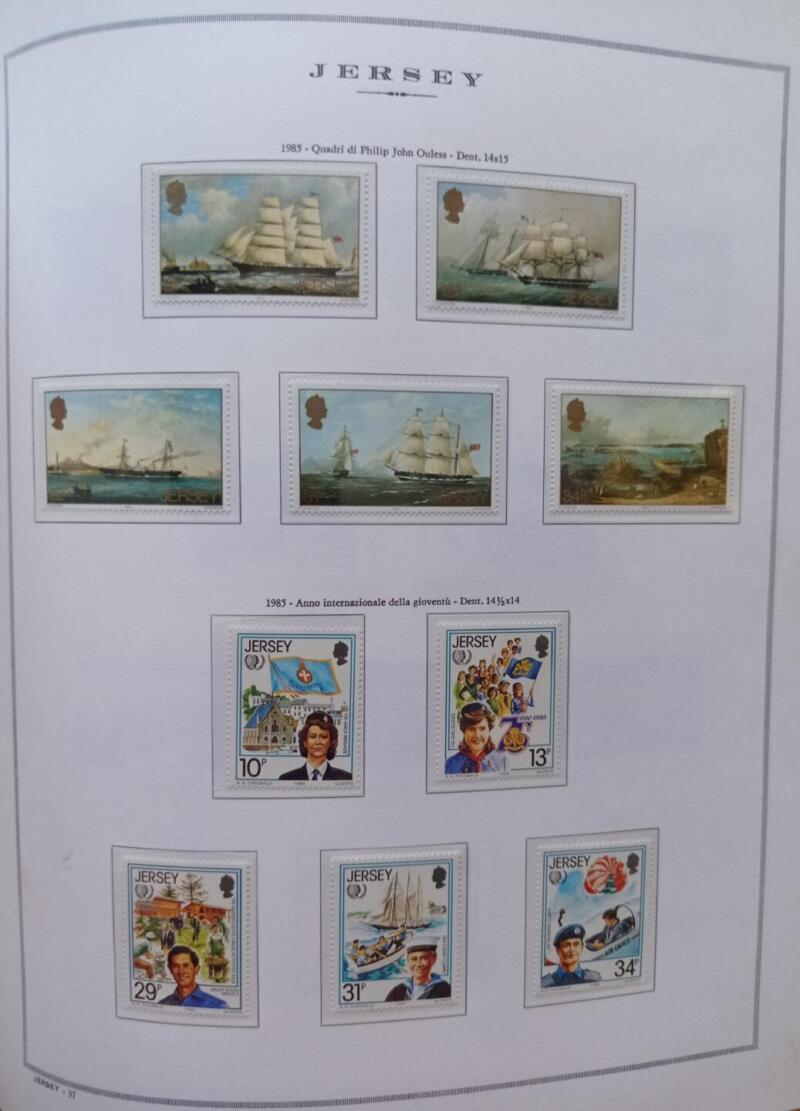 Francobolli Jersey Anno 1985 Annata completa montata su Fogli Marini King usati (i fogli sono in omaggio)
