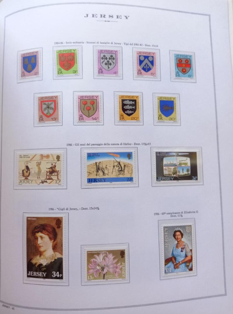 Francobolli Jersey Anno 1986 Annata completa montata su Fogli Marini King usati (i fogli sono in omaggio)