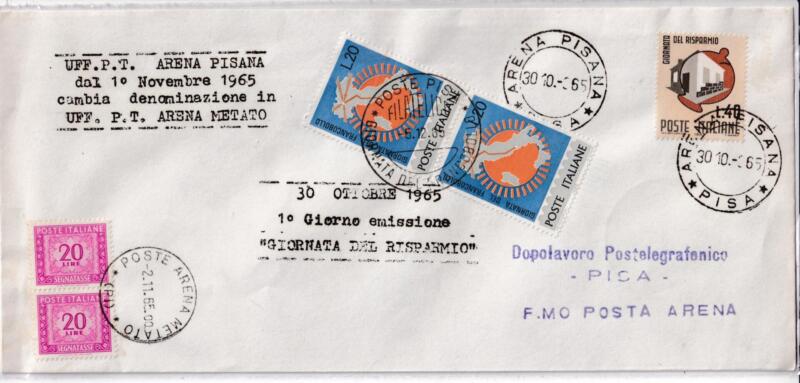 Busta  viaggiata  timbro ultimo giorno con denominazione della località ARENA PISANA timbro nuova denominazione ARENA METATO 2-11-1965
