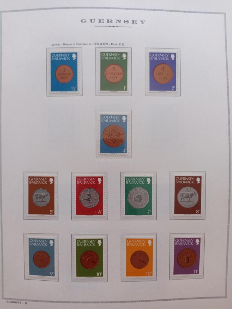 Francobolli Guernsey Anno 1979 Annata completa montata su Fogli Marini King usati  (i fogli sono in omaggio)