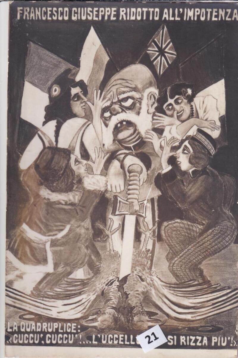 Cartolina satirica d'epoca FRANCESCO GIUSEPPE RIDOTTO ALL'IMPOTENZA