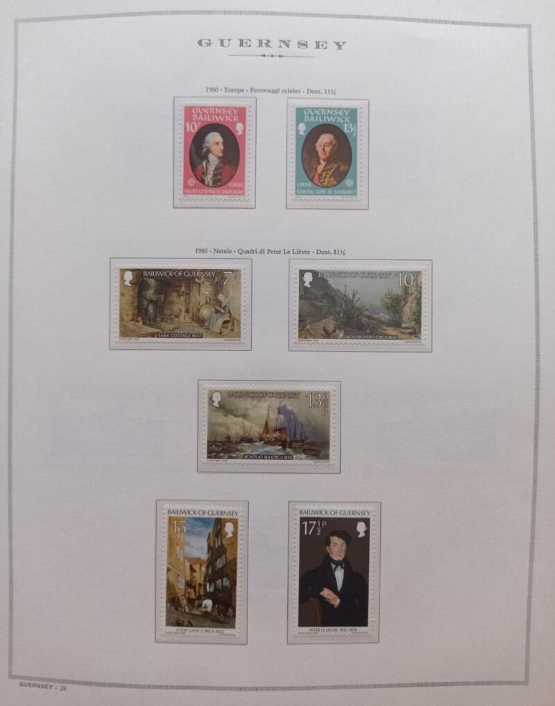 Francobolli Guernsey Anno 1980 Annata completa montata su Fogli Marini King usati  (i fogli sono in omaggio)
