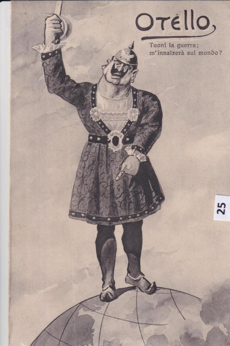 Cartolina satirica d'epoca OTELLO Tuoni la terra; m'innalzerà sul mondo?