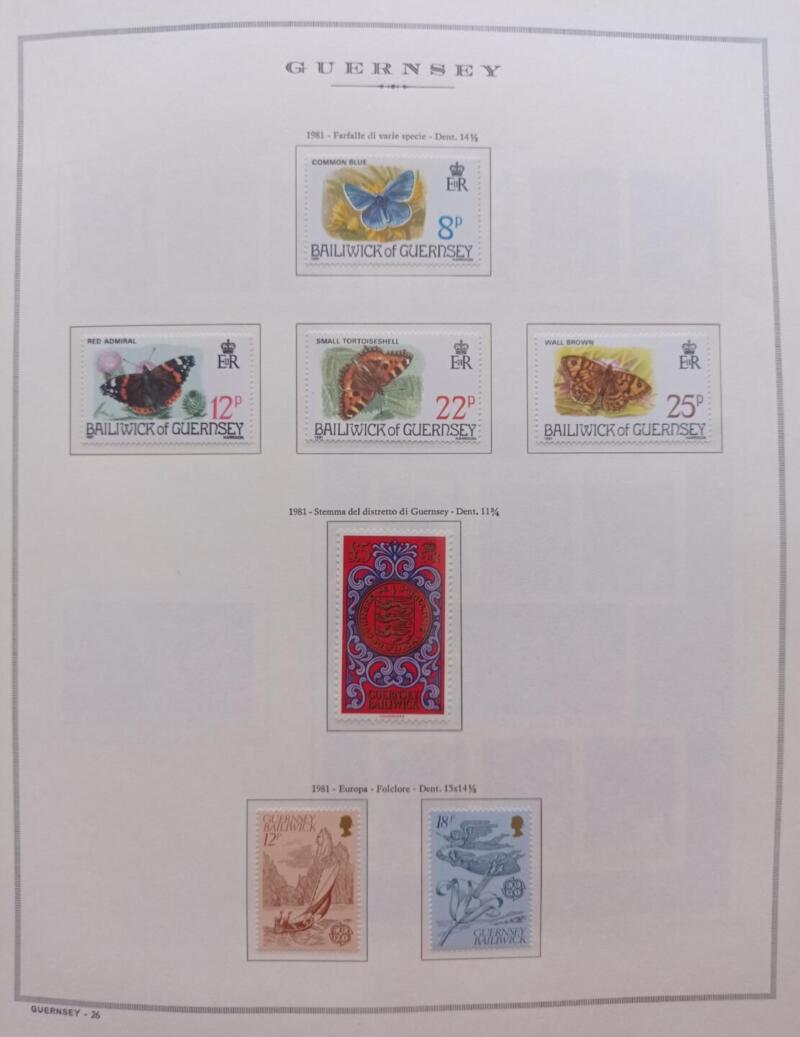 Francobolli Guernsey Anno 1981 Annata completa montata su Fogli Marini King usati  (i fogli sono in omaggio)