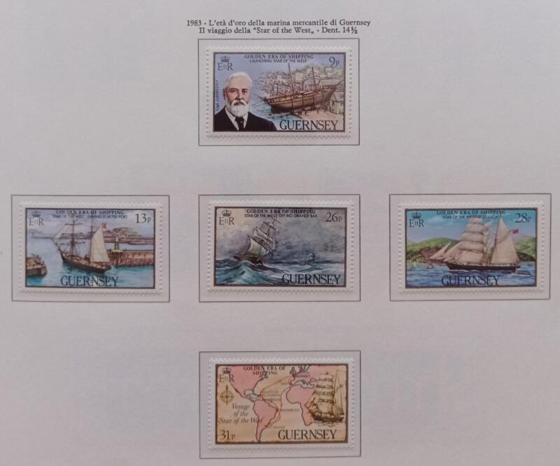 Francobolli Guernsey Anno 1983 Età dell'oro della navigazione Stella dell'Ovest brigantino della marina di Guernsey