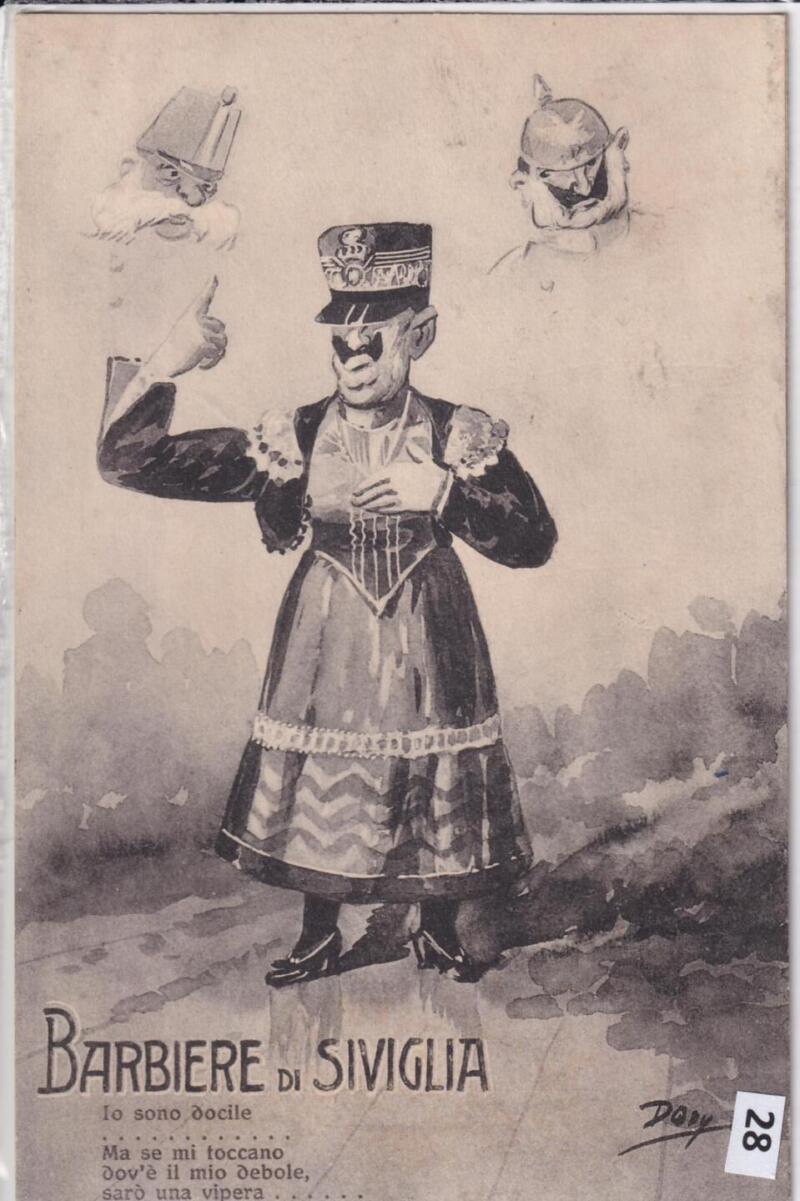 Cartolina satirica d'epoca BARBIERE DI SIVIGLIA