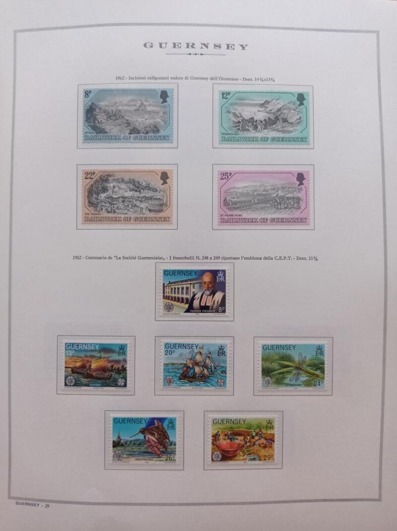 Francobolli Guernsey Anno 1982 Annata completa montata su Fogli Marini King usati  (i fogli sono in omaggio)