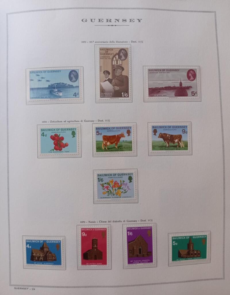 Francobolli Guernsey Anno 1970 Annata completa montata su Fogli Marini King usati  (i fogli sono in omaggio)