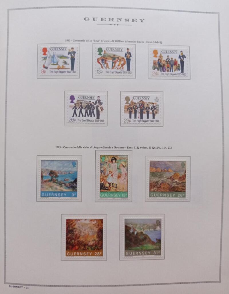 Francobolli Guernsey Anno 1983 Annata completa montata su Fogli Marini King usati  (i fogli sono in omaggio)