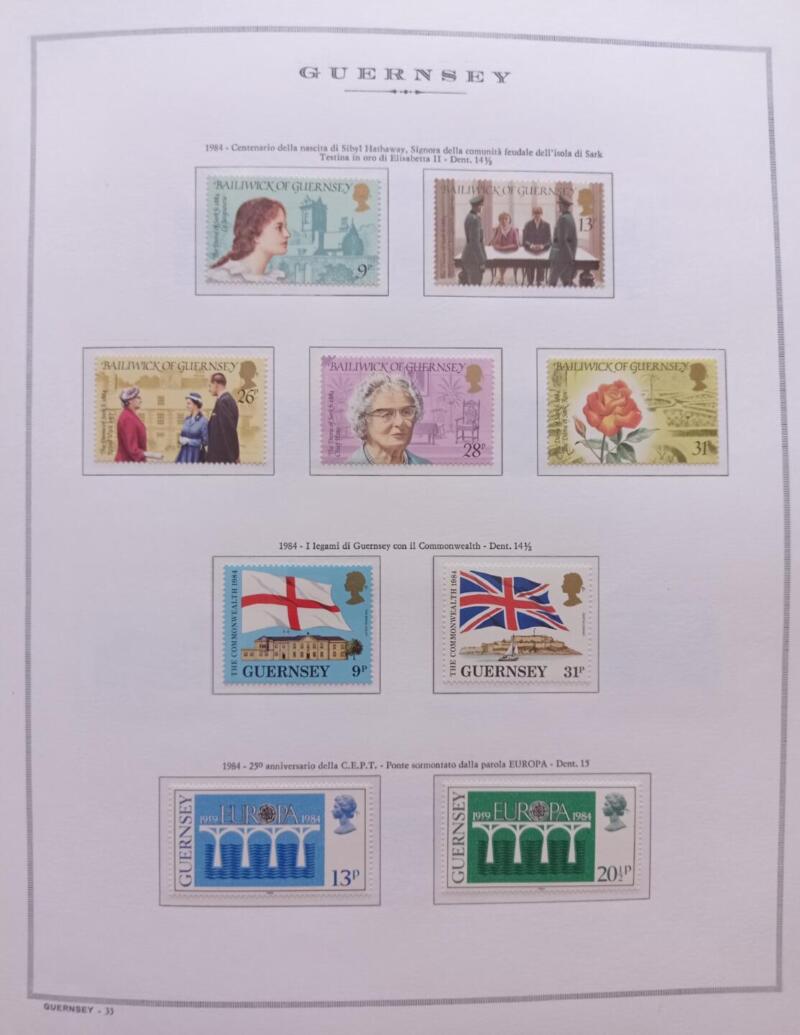 Francobolli Guernsey  Anno 1984 Annata completa montata su Fogli Marini King usati  (i fogli sono in omaggio)