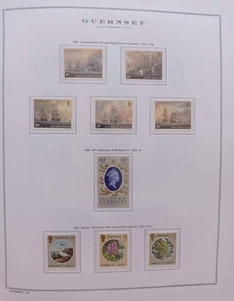 Francobolli Guernsey  Anno 1986  Annata completa montata su Fogli Marini King usati  (i fogli sono in omaggio)
