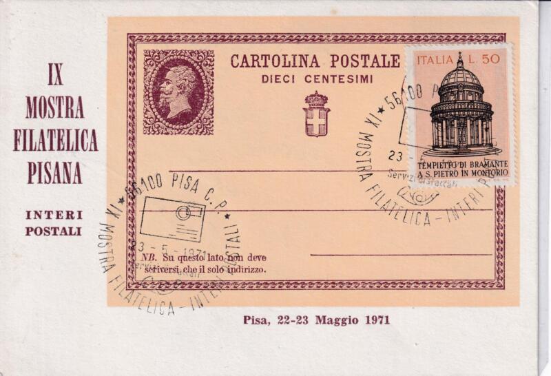 Cartolina IX Mostra Filatelica Pisana Interi Postali Pisa 22-23 maggio 1971 con Annullo Speciale 23-5-1971