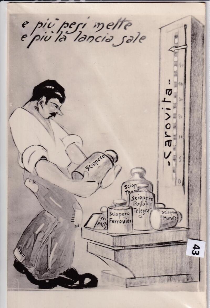 Cartolina satirica d'epoca CAROVITA  PIU' PESI METTE PIU' LA LANCIA SALE