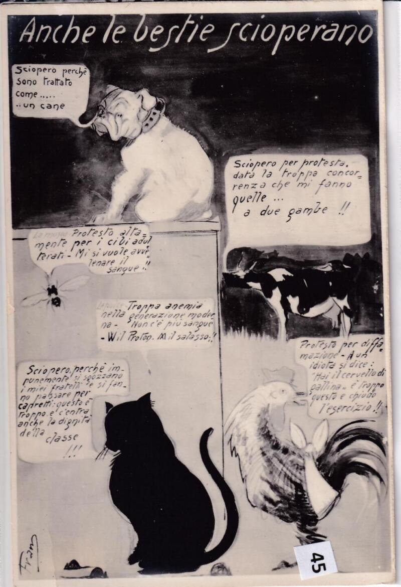 Cartolina satirica d'epoca ANCHE LE BESTIE SCIOPERANO