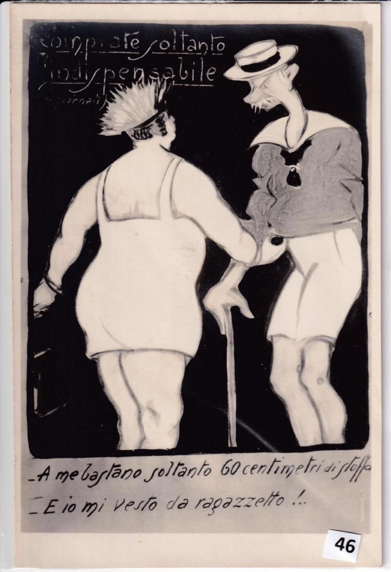 Cartolina satirica d'epoca COMPRATE SOLTANTO L'INDISPENSABILE Dai giornali