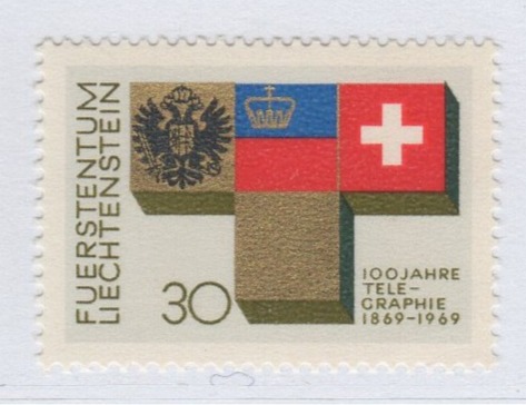 Francobollo Liechtenstein Anno 1969 Centenario della telegrafia