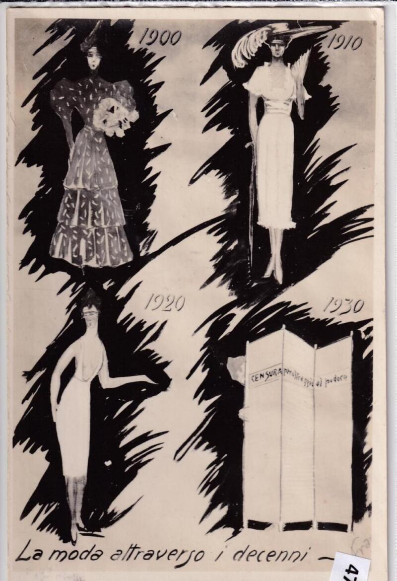 Cartolina satirica d'epoca LA MODA ATTRAVERSO I DECENNI