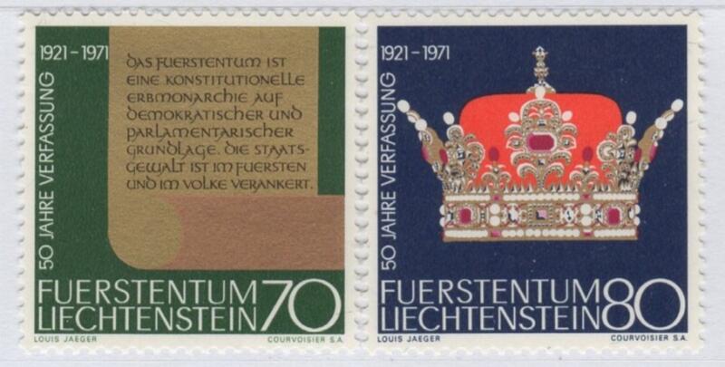 Francobolli Liechtenstein Anno 1971 Cinquantenario della Costituzione